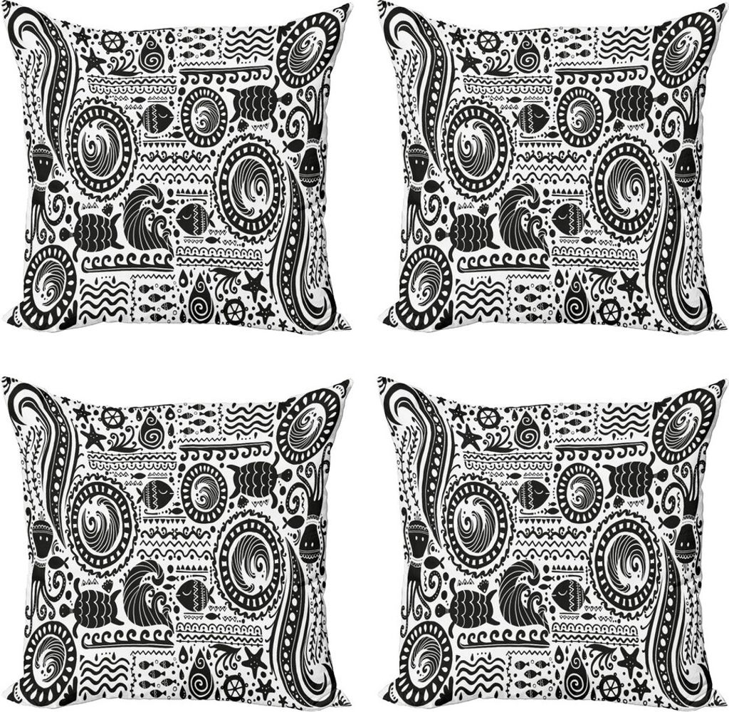 ABAKUHAUS Aboriginal Kissenbezug Set (4 Stück), Jumble Meer, Moderner Doppelseitiger Digitaldruck, 50 cm x 50 cm, Charcoal Grau Weiß