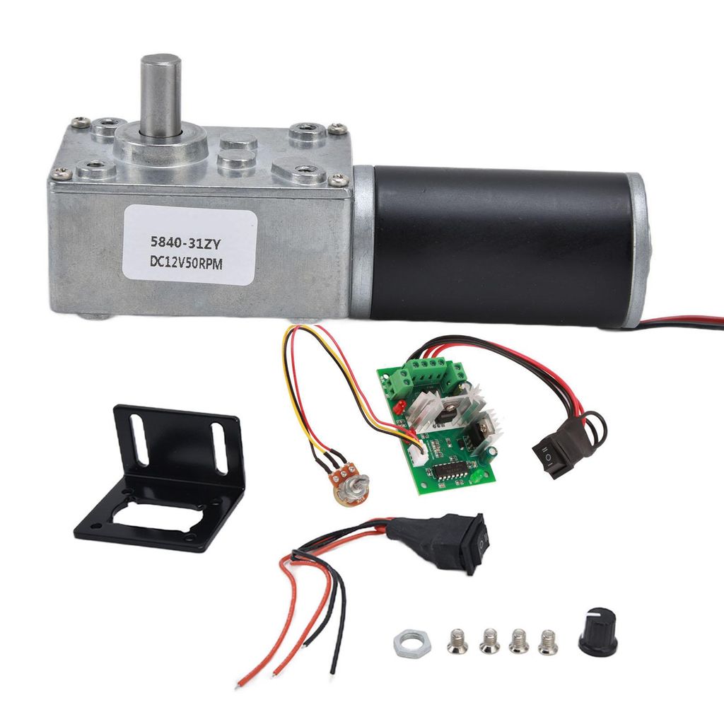 A collection of electronic components for a motor, including the motor itself, a control board, a switch, and mounting hardware.