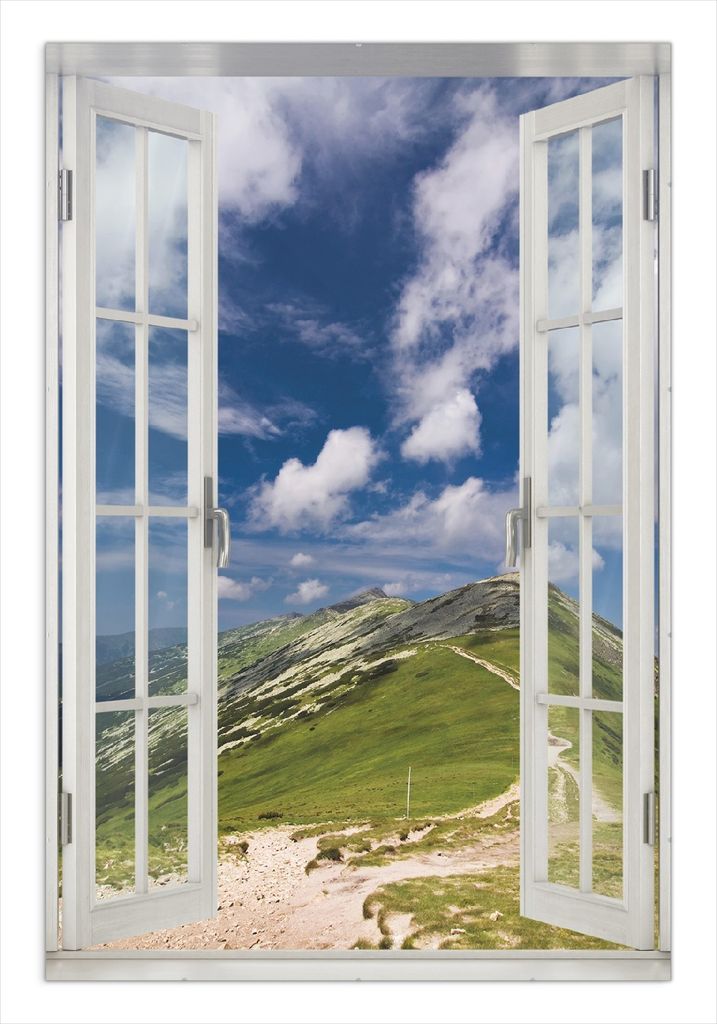 Wallario Wandbild mit Fenster-Illusion: Alpenluft, Größe: 61 x 91,5 cm, Poster mit rahmenlosen Bildhalter