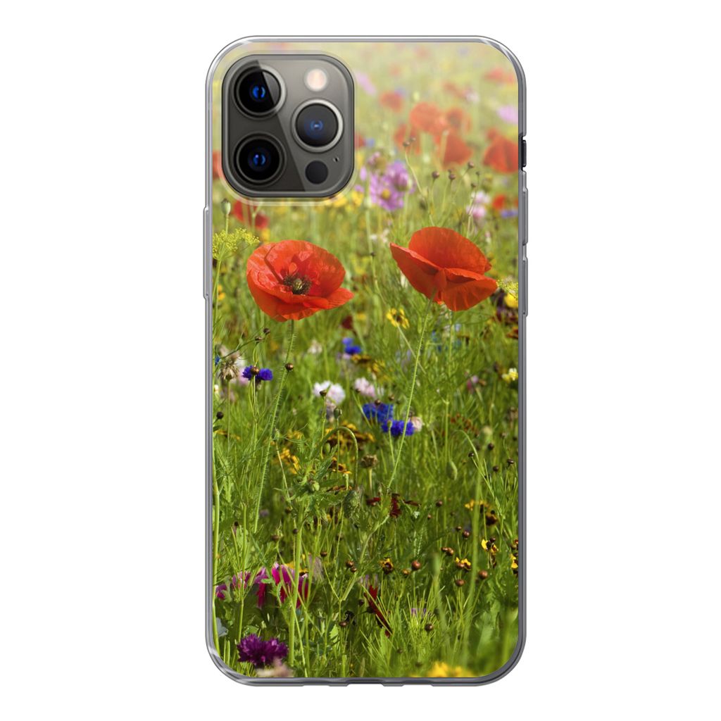 MuchoWow Handyhülle Schutzhülle Hülle für iPhone 12 Pro Frühling - Blumen - Rot - Mohn - Gras - Grün Silikon Softcase Handy Hülle - Abdeckung