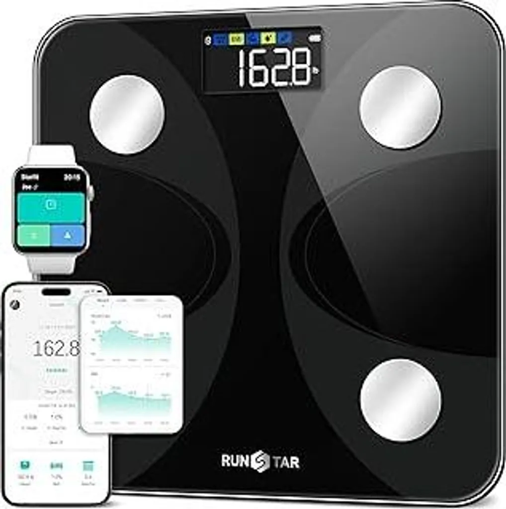Bilancia pesapersone RunSTAR, bilancia digitale con ampio display, analizzatore di 13 parametri corporei essenziali, con sincronizzazione tramite app