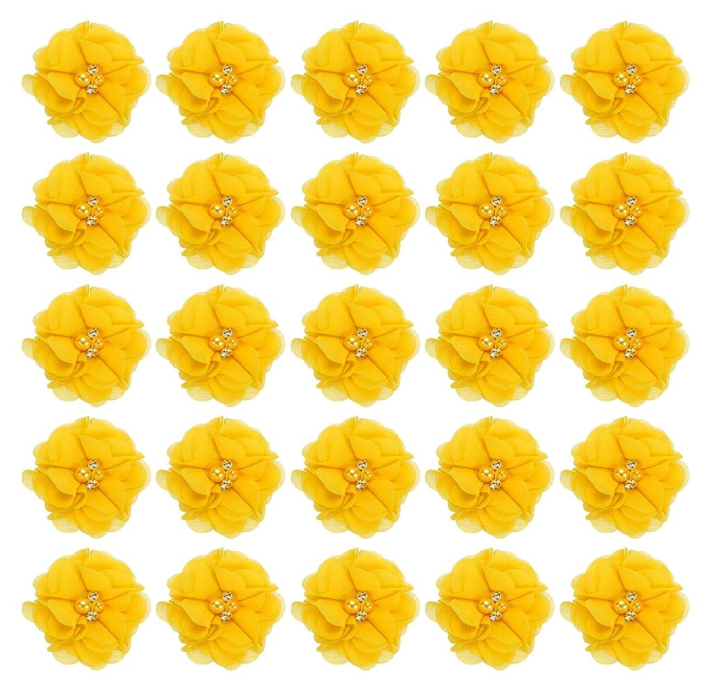 2" Chiffonblumen, 30 Stück Stoffblumen für Applikationen und Verzierungen mit Strassperlen für DIY Basteln, Gelb