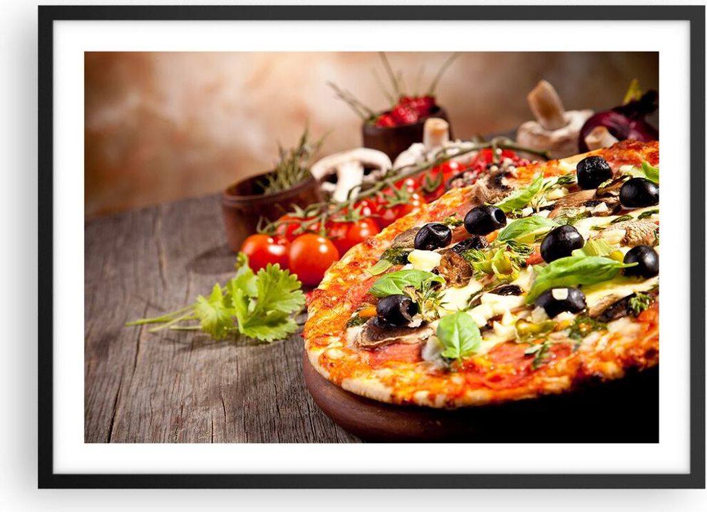 Gerahmtes Poster - Schwarzer Rahmen - Pizza Essen Italien Tradition - 70x50 cm - Wand Bild - Wanddeko - Wandbilder - Wandposter - Bilderrahmen - Bi...