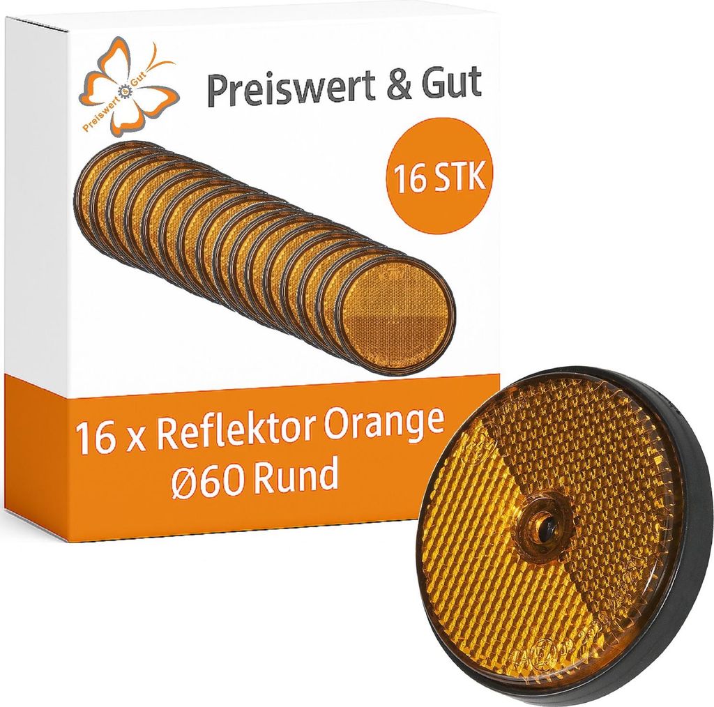 16 x Rückstrahler Anhänger Reflektoren in Orange – Katzenaugen Seitenreflektoren für Wohnwagen & Anhänger – Ø 60 mm