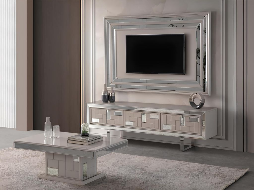 Luxus Wohnwand TV Ständer Wandpanel Couchtisch RTV Lowboard 3tlg Weiß