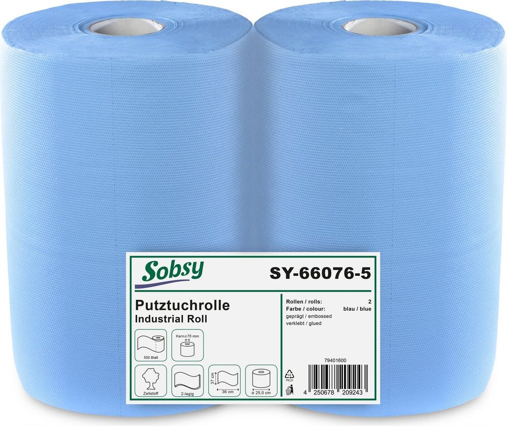 2 x blaue saugstarke Papierrolle, 1000 Blatt, 37x36 cm | 2-lagige perforierte Papiertücher | Putztuchrolle für Industrie, Werkstatt und Restauran...