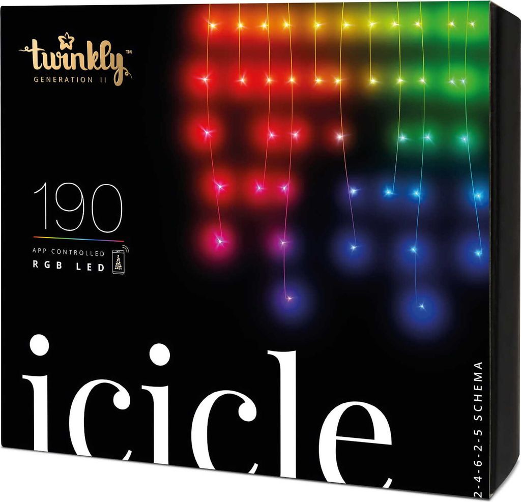 The image shows the packaging of Twinkly icicle lights, featuring a colorful display of the lights on a black background.