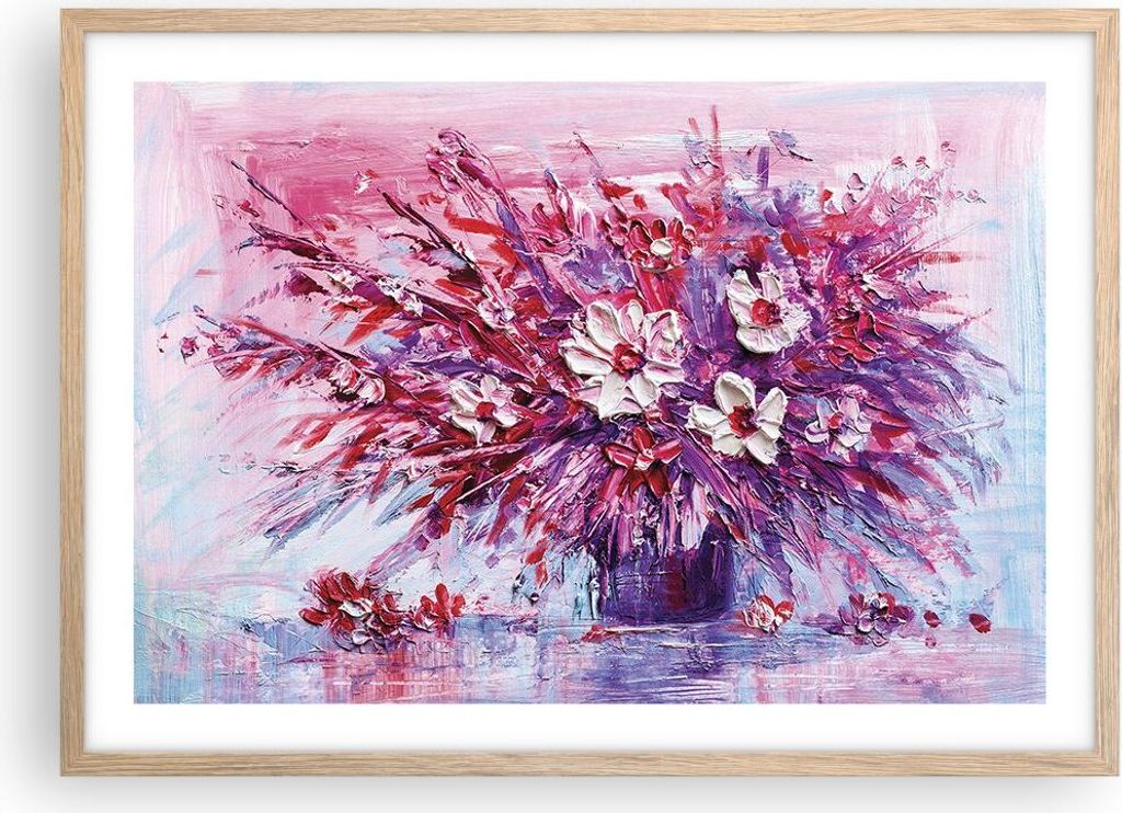 Gerahmtes Poster - Rahmen in heller Eiche - Pastos Blumen Rosa - 70x50 cm - Wand Bild - Wanddeko - Wandbilder - Kunstposter - Wandposter - Bilderra...