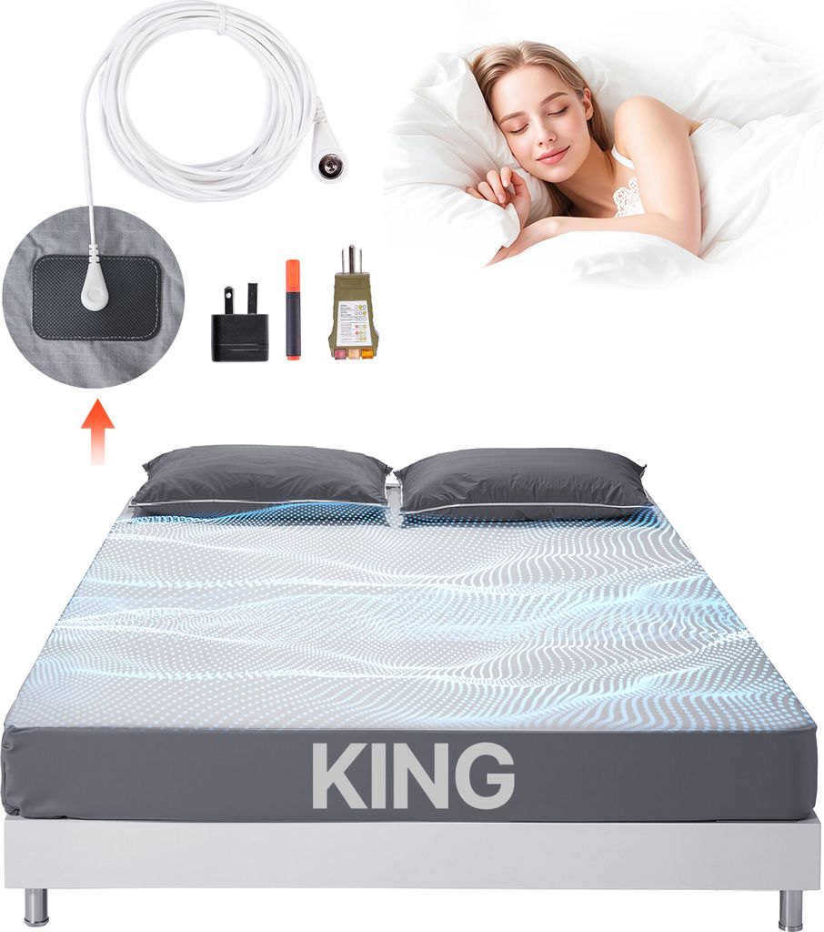 A collage showing a king-size grounding sheet, accessories, and a woman sleeping peacefully.