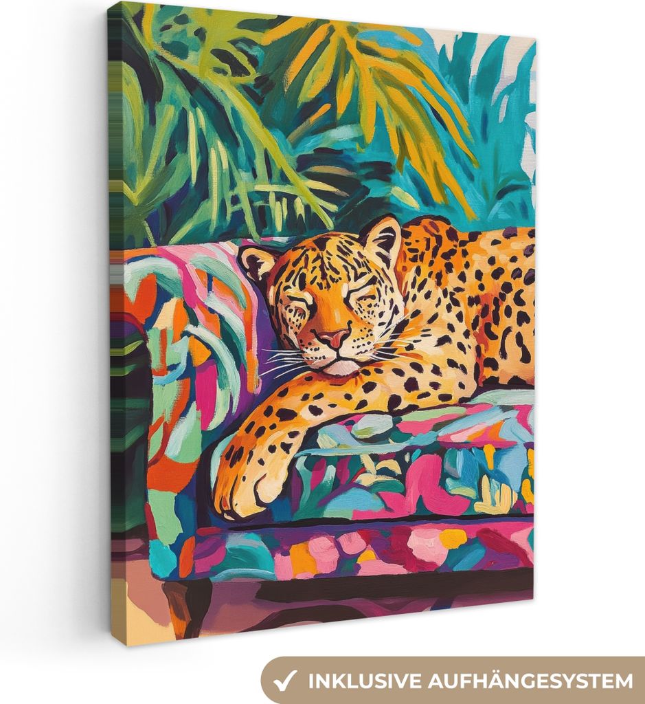 Leinwand Bilder 60x80 cm - Eklektisch - Leopard - Tropisch, Bild Modern, Wanddeko, Gemälde