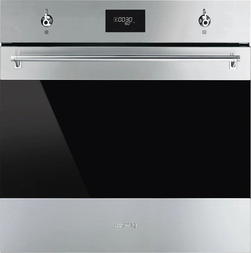 A front view of a stainless steel oven.