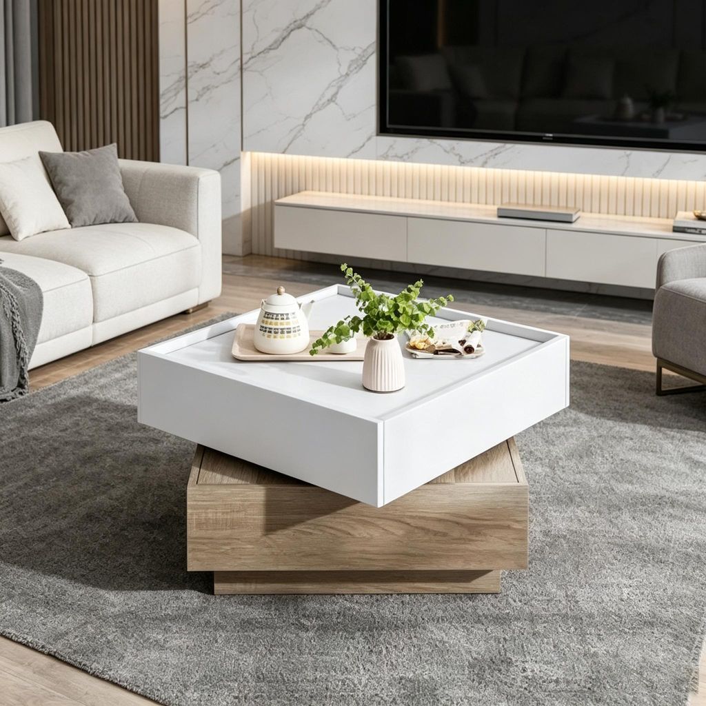 STILVORA Quadratischer Couchtisch 360° drehbar,Sofatisch mit 2 Ablagen und Stauraum,Wohnzimmerbeistelltisch mit Zaun und 2 Schubladen,Natur