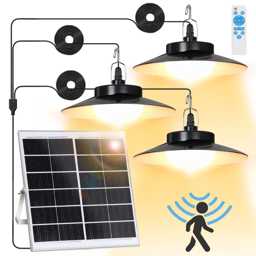 LED Solarlampe Bewegungsmelder Außen Pendelleuchte IP65 Wasserdicht Gartenleuchte Dimmbar 5 Modi mit Fernbedienung, Warmweiß, 3 Lampe