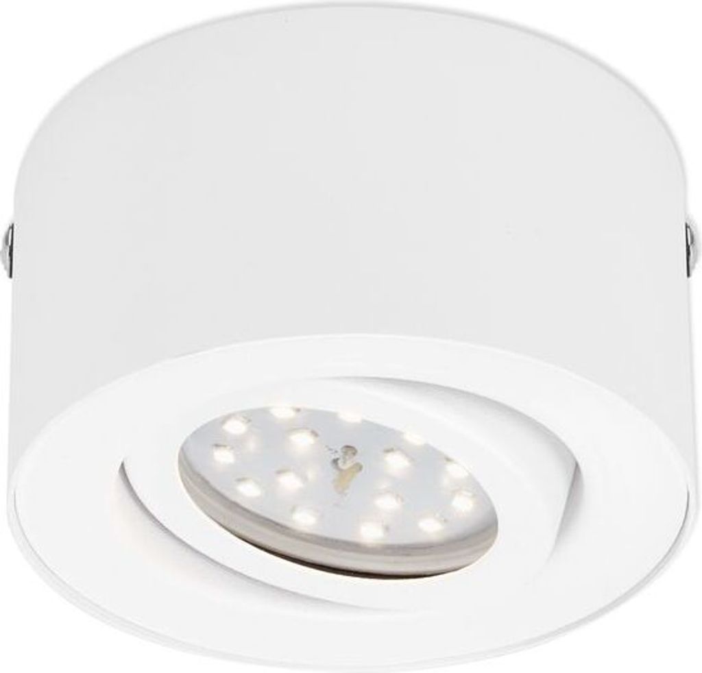 A white LED spotlight with a swiveling reflector.