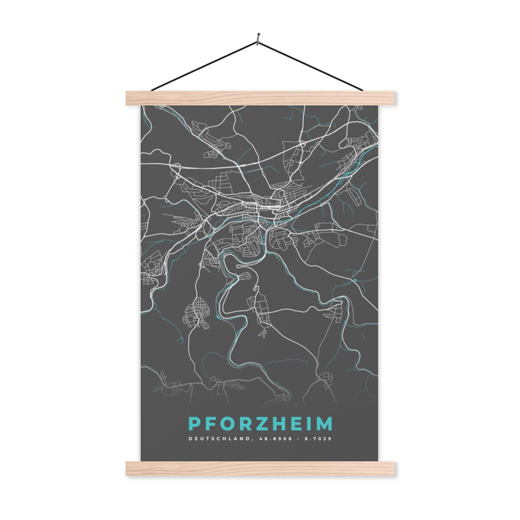 MuchoWow Textilposter Stadtplan - Karte - Pforzheim - Blau - Deutschland - Karte 60x90 cm mit holzfarbenen Rahmen - Textil
