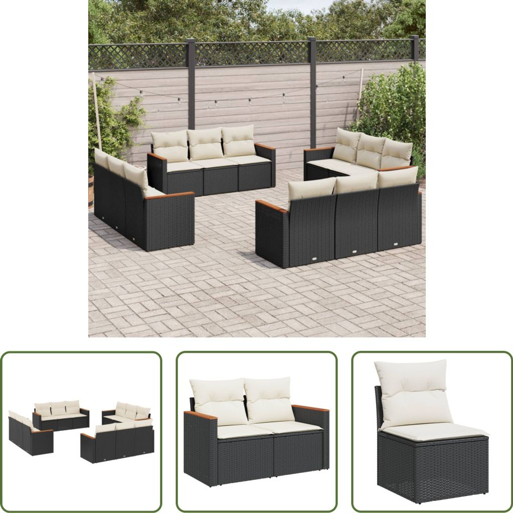 The Living Store 12-tlg. Garten-Sofagarnitur mit Kissen Schwarz Poly Rattan