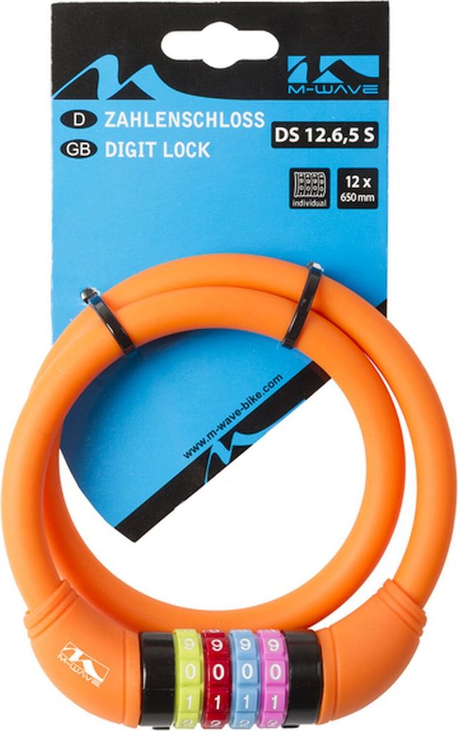M-WAVE Kinder Zahlenschloss / Kabelschloss 10x650mm orange
