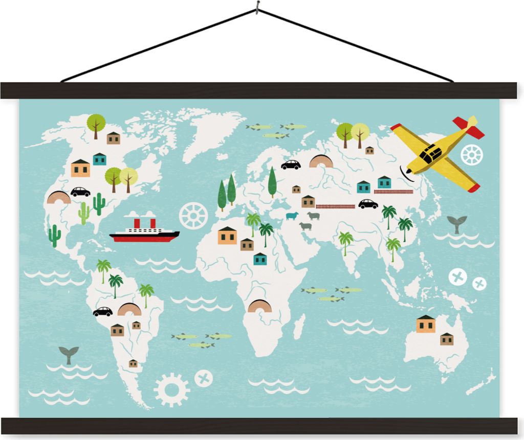 MuchoWow Textilposter Weltkarte - Kinder - Flugzeug - Boot - Jungen - Mädchen 150x100 cm mit schwarzem Rahmen - Schlafzimmer