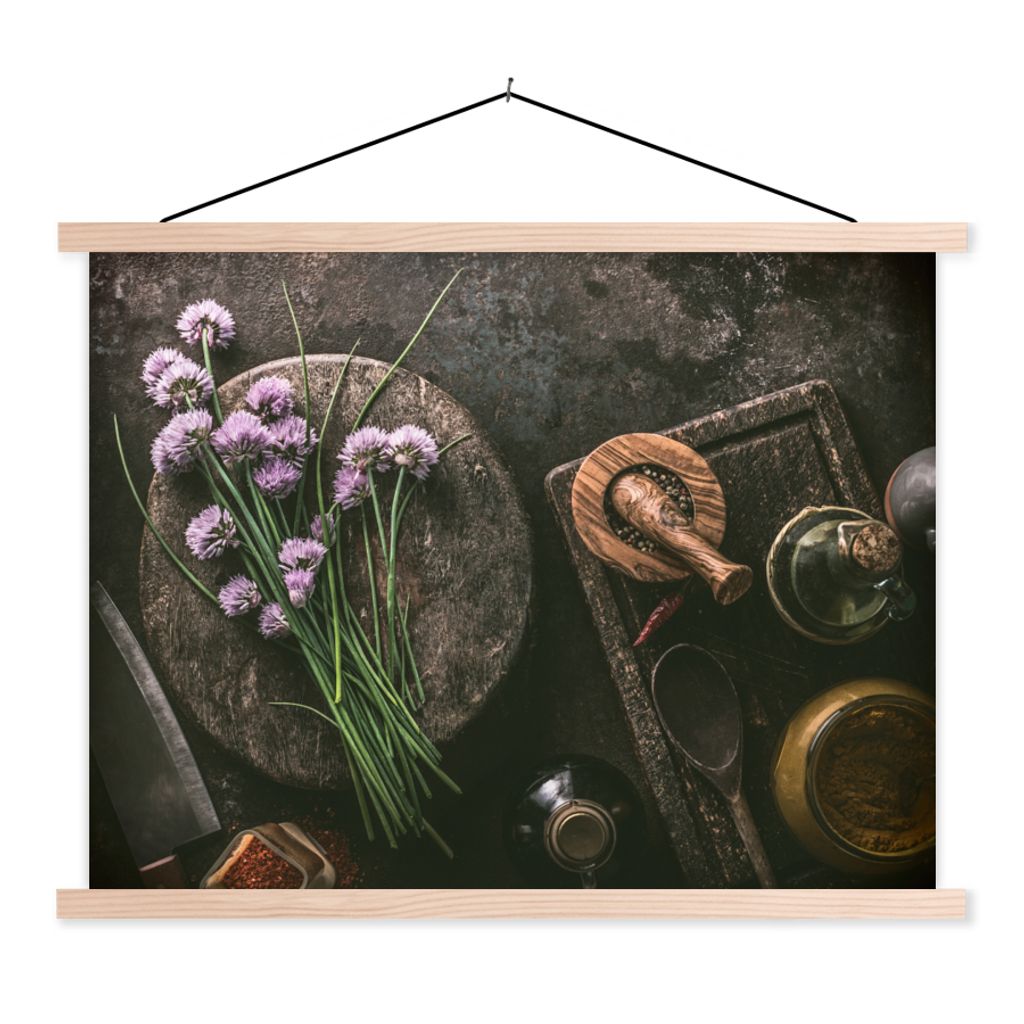 MuchoWow Textilposter Schnittlauch - Küche - Mörser - Rustikal - Kräuter - Lila 120x90 cm mit holzfarbenen Rahmen - Magnetisch