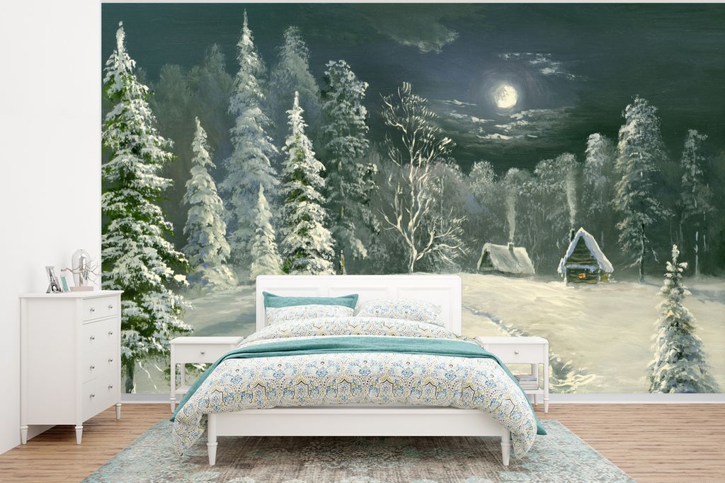 MuchoWow Fototapete für Wohnzimmer oder Schlafzimmer Wandtapete Vinyl Motivtapete Eine Illustration eines verschneiten Waldes - 400x300 cm - Pap...