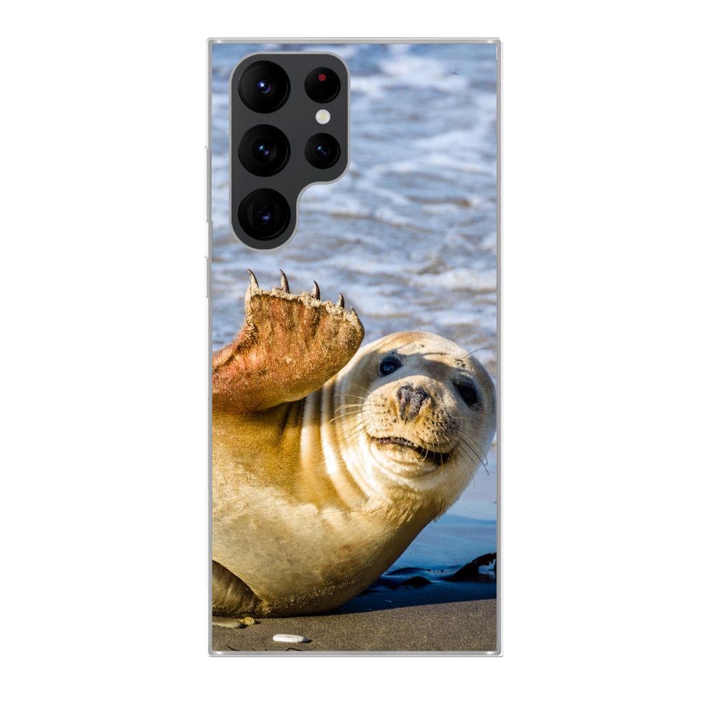 MuchoWow Handyhülle Schutzhülle Hülle für Samsung Galaxy S22 Ultra Robbe - Lustig - Schaukel - Kinder - Jungen - Mädchen - Kind Silikon Soft...