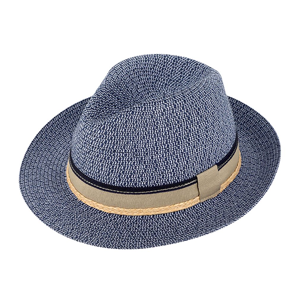 Fiebig Papierhut Fedora melange mit dreifarbigem Ripsband Marine Gr. 59