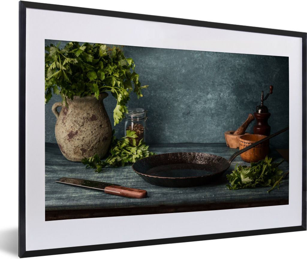 MuchoWow Gerahmtes Poster Kräuter - Gewürze - Pfanne - Messer - Grau - Rustikal 60x40 cm - Poster mit Schwarzem Bilderrahmen Wandposter Rahmen ...