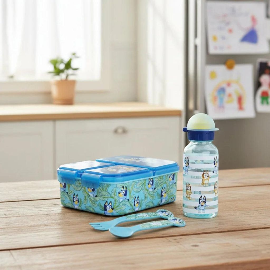 Bluey Bingo Kinder 4 teiliges Set 3 Kammern Brotdose Trinkflasche 370 ml Besteck