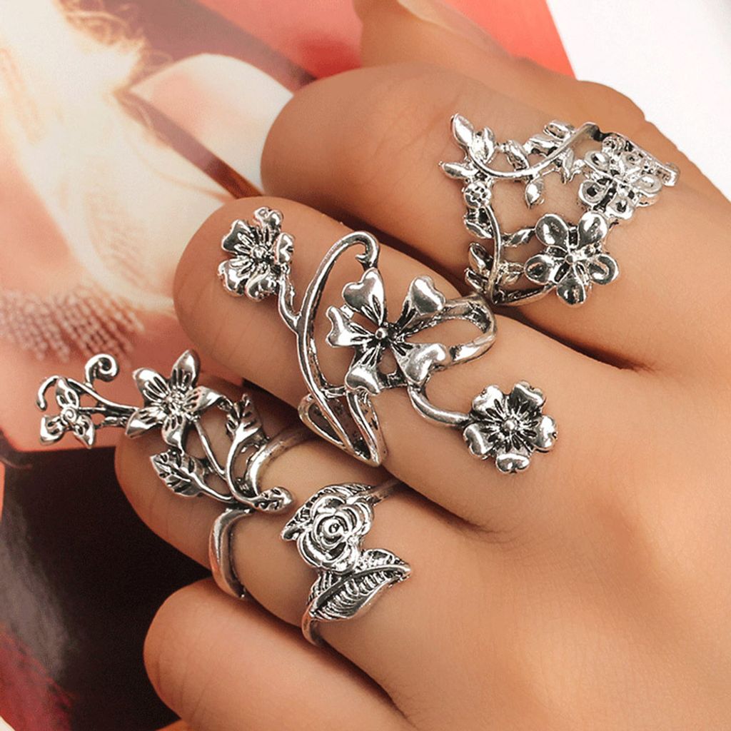 4 Stücke Frauen Vintage Stereo Blume Blätter Midi Finger Knuckle Ringe Set Schmuck