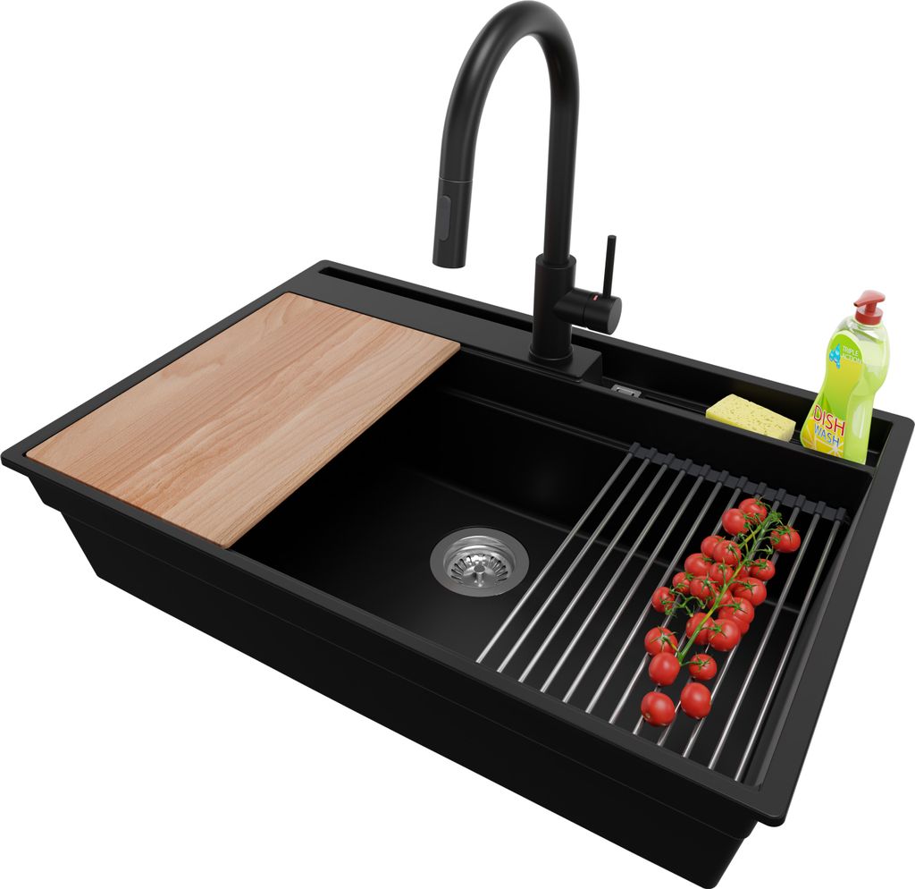 PRIMAGRAN Granitspüle Schwarz 78x53cm, Spülbecken 1 Becken + Ablauf-Set + Küchenzubehörset, Küchenspüle ab 80er Unterschrank - Oslo Pocket