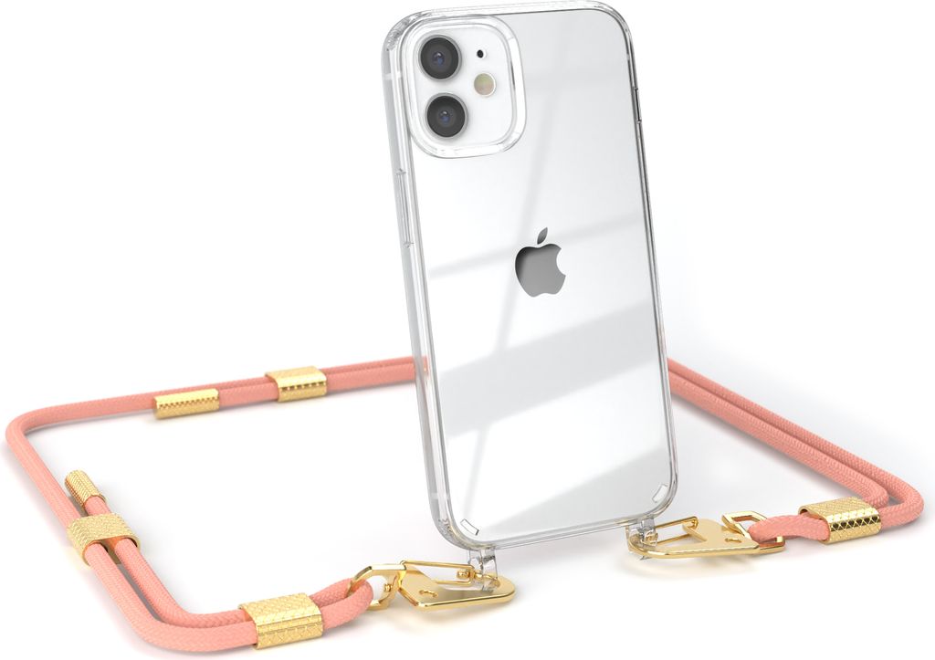 EAZY CASE Handykette für Apple iPhone 12 Mini, Transparente Silikonhülle mit Band, Clear Case, abnehmbar in Rosa