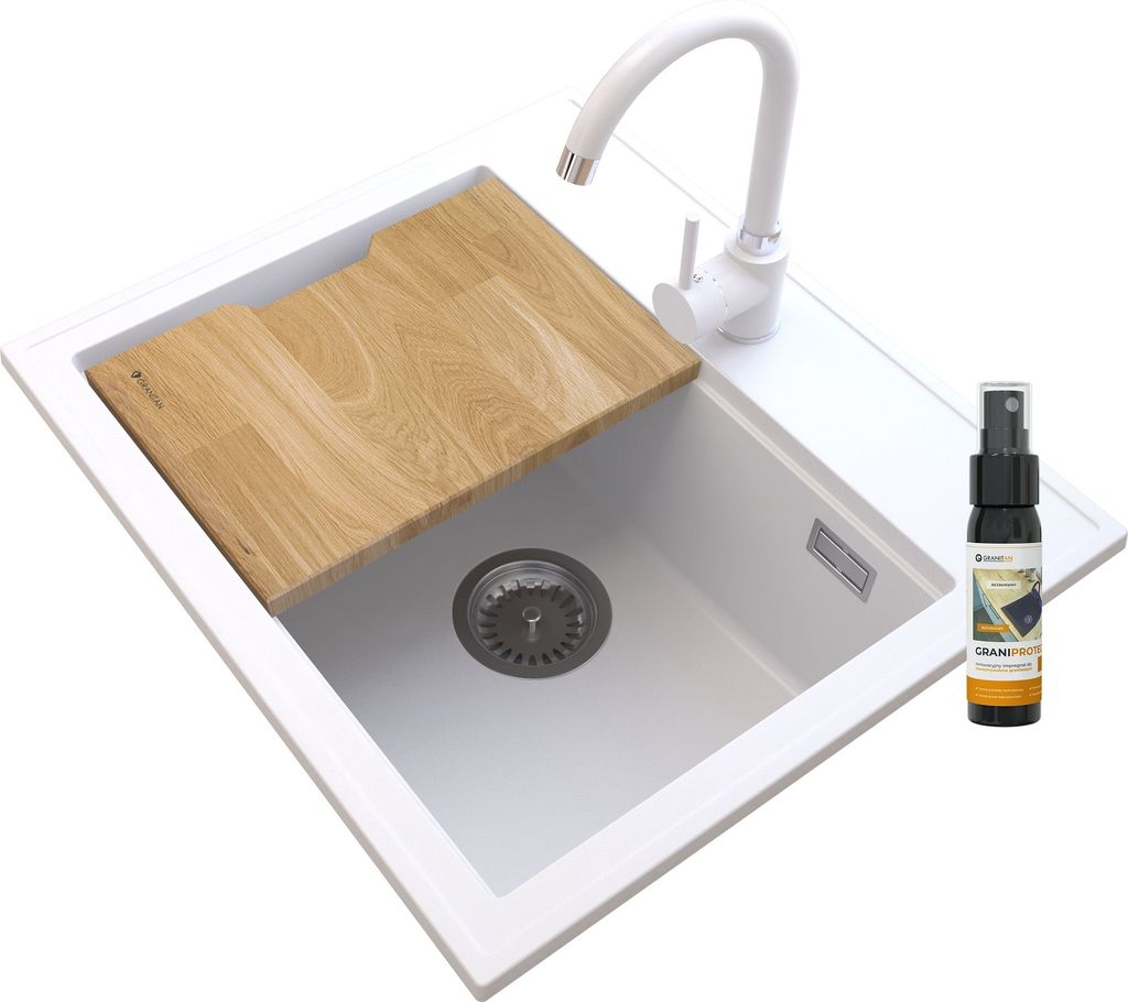 Granitan | Granitspüle FOXAL - 565x505 mm - Weiß - Inklusive Küchenarmatur und Zubehör