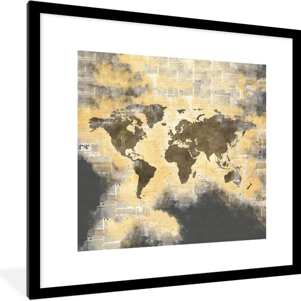 MuchoWow MuchoWow Gerahmtes Poster Weltkarte - Zusammenfassung - Zeitungen 40x40 cm - Poster mit zchwarzem Bilderrahmen - Poster - Plakat im Ra...