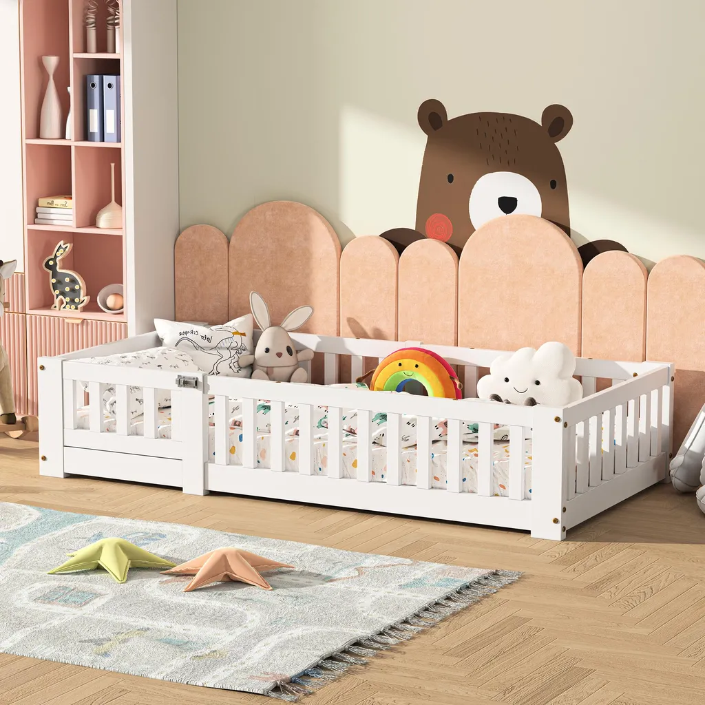 Lit enfant 120x200 cm en bois massif blanc avec sommier et barrières