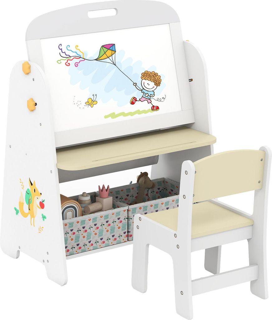 COSTWAY Kinder Staffelei mit Stuhl, Kindertafel mit Bücherregal & Magnetischer Kreidetafel, Stoffkiste & Weißtafel, Spieltafel, Tafel Kinder Natur