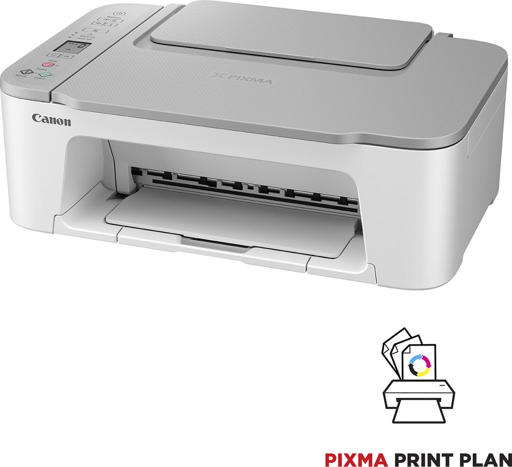 A white and gray Canon PIXMA TS3551i 3-in-1 WLAN color multifunction inkjet printer is shown from a front-side angle against a white background. A small graphic of a printer with papers and a color wheel is in the bottom right corner, along with the text "