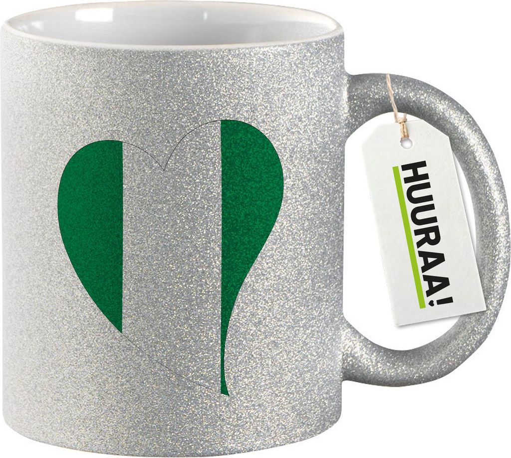Huuraa Glitzertasse Nigeria Flagge Herz 330ml Silber Keramik Kaffeebecher Geschenkidee