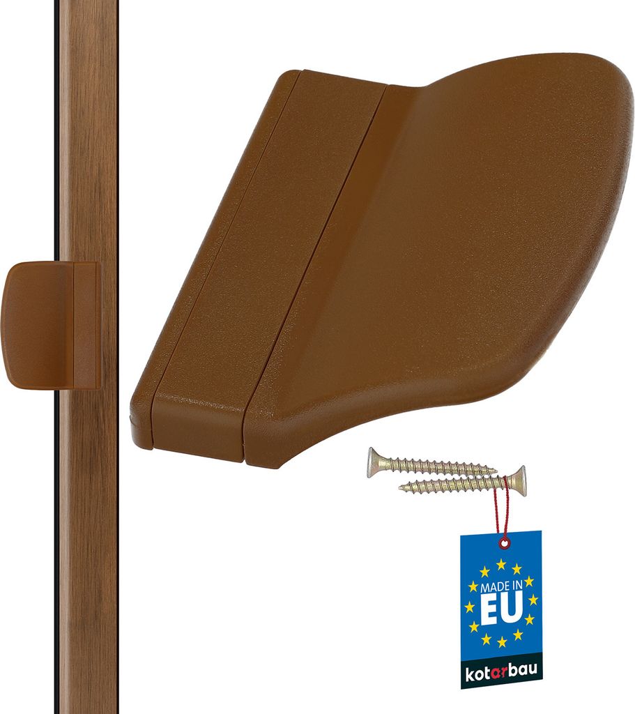 A brown plastic door handle with screws and a 'Made in EU' tag.