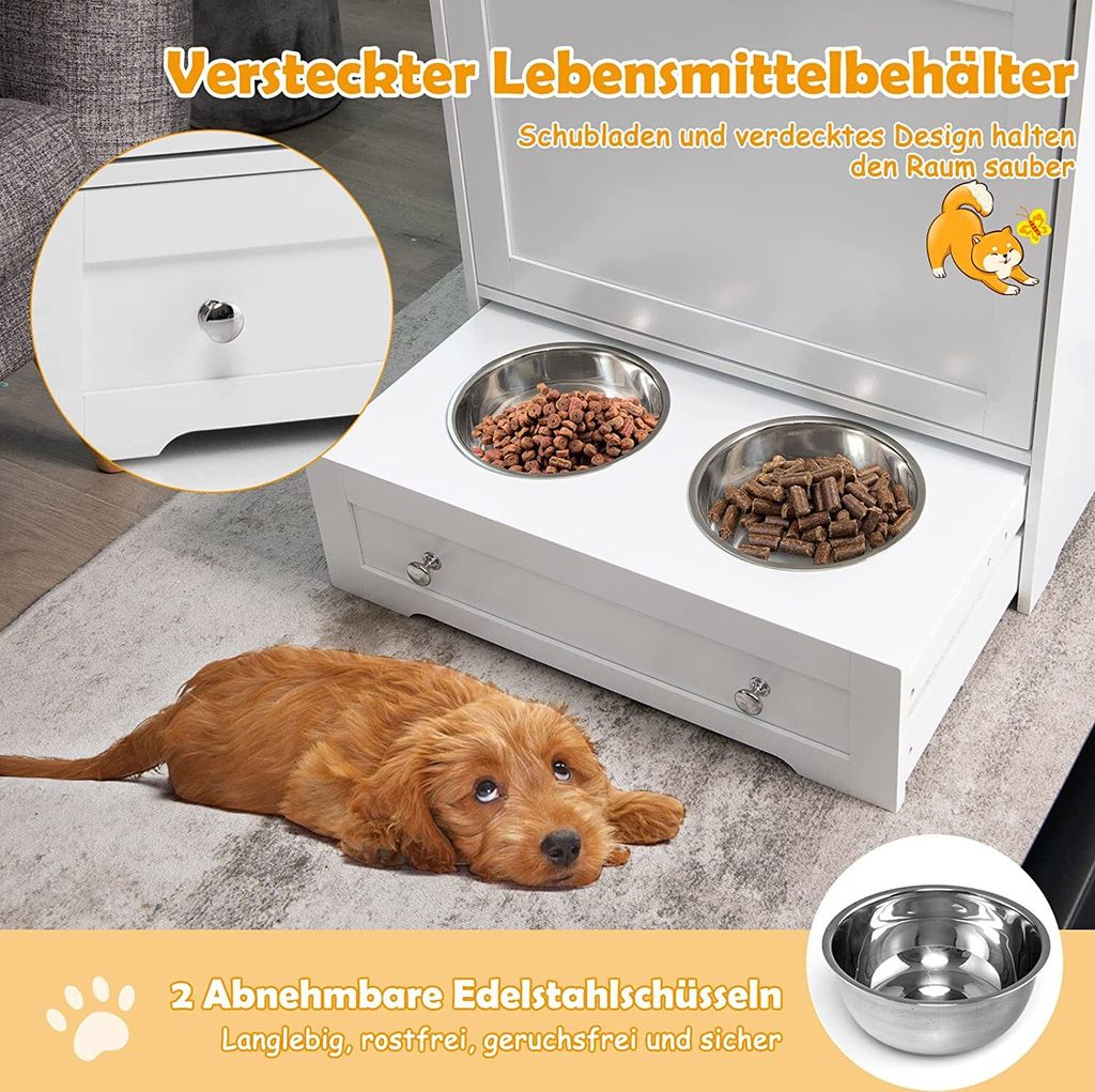 Hundefutterstation Mit Aufbewahrung – Metall, Mit 2 Näpfen, Verstellbaren Regalen & Haken, 32,28 Cm Hoch