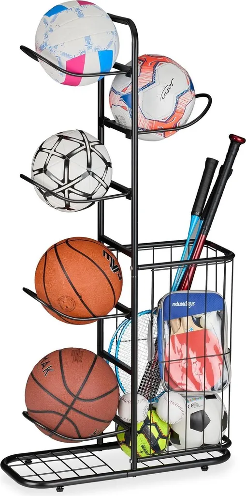Présentoir de ballons mobile avec 6 étagères de stockage sport