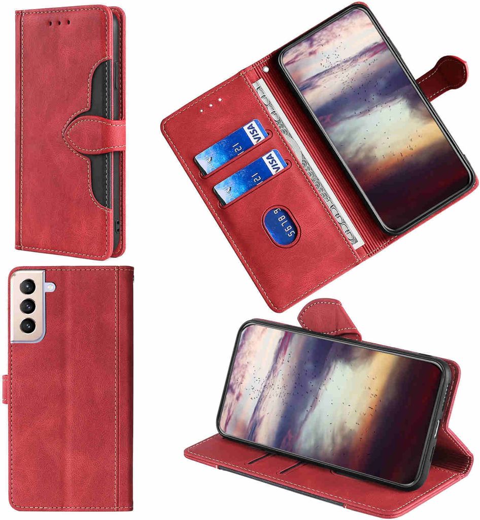 Für Samsung Galaxy S21 FE Design Handy Tasche Rot Etuis Schutz Kunst-Leder Hülle