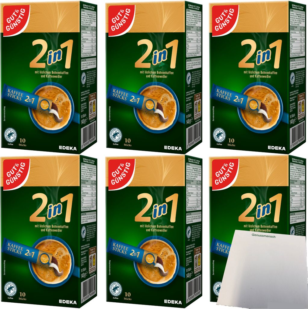 Gut & Günstig Kaffeesticks 2in1 löslicher Bohnenkaffee mit Kaffeeweißer 6er Pack (6x140g Packung) + usy Block