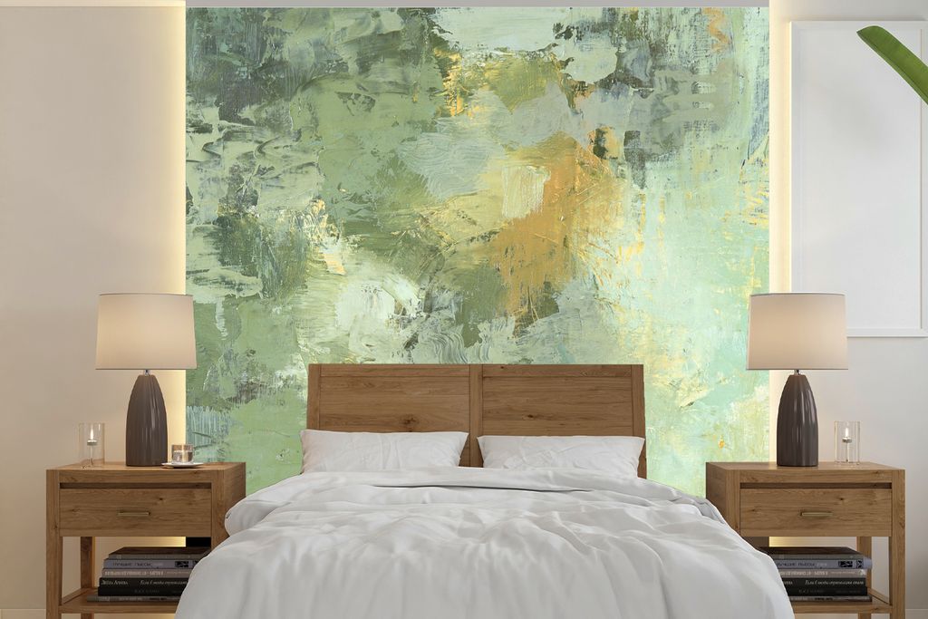MuchoWow Fototapete für Wohnzimmer oder Schlafzimmer Wandtapete Vinyl Motivtapete Ölgemälde grün - 280x280 cm - Hintergrundbild