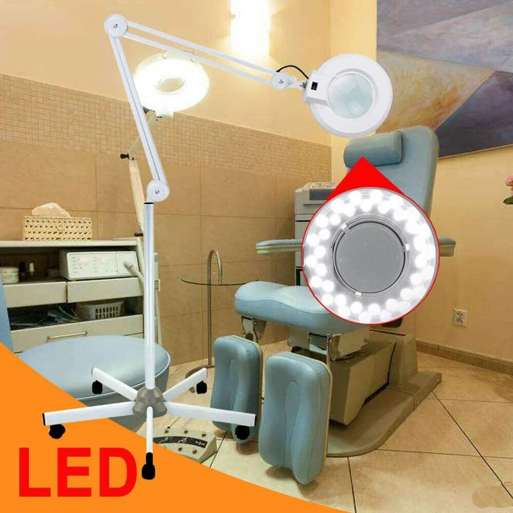 Lampe loupe 8x LED blanche avec support roulant pour soins de précision