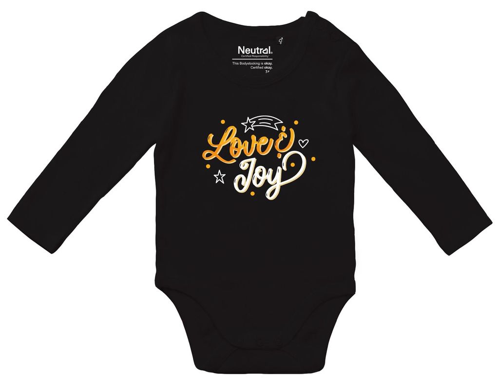 Huuraa Baby Body Love & Joy Schriftzug 80 Black Baumwolle Fairtrade Langarmbody Geschenkidee