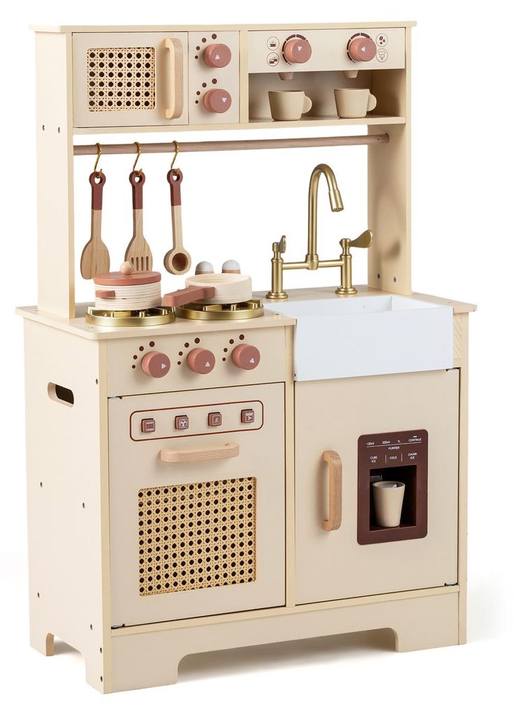 COSTWAY Kinderküche, Spielküche mit Herd mit Licht, Sound, Zubehör, Mikrowelle, Kaffeemaschine, Spüle, Backofen&Eiswürfelmaschine, für Kinder...
