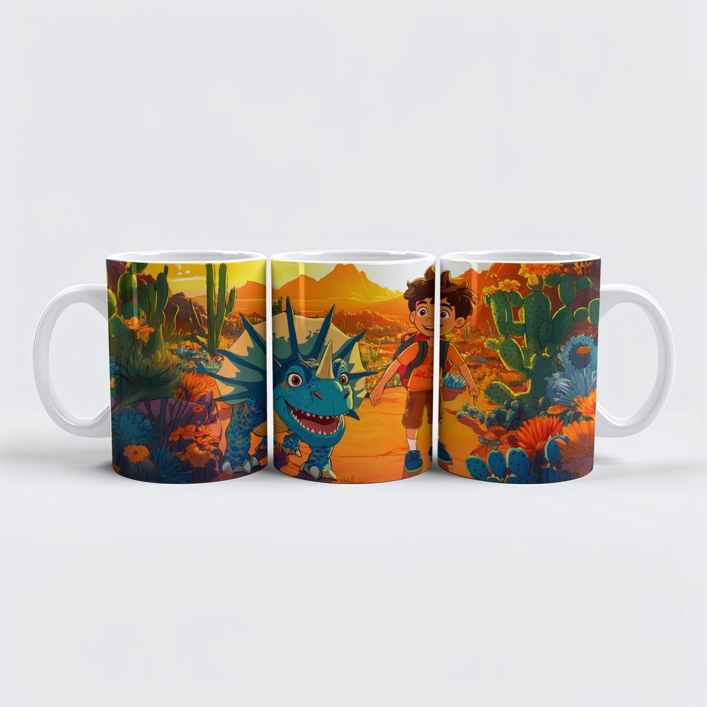raxxa Premium-Tasse "Anime boy walking Triceratops at sunset"