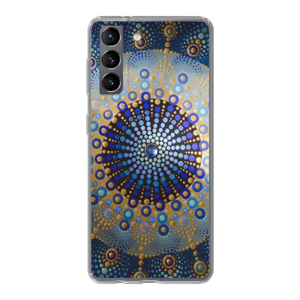 MuchoWow Handyhülle Schutzhülle Hülle für Samsung Galaxy S21 Kreis - Mandala - Blau - Gelb Silikon Softcase Handy Hülle - Softcase