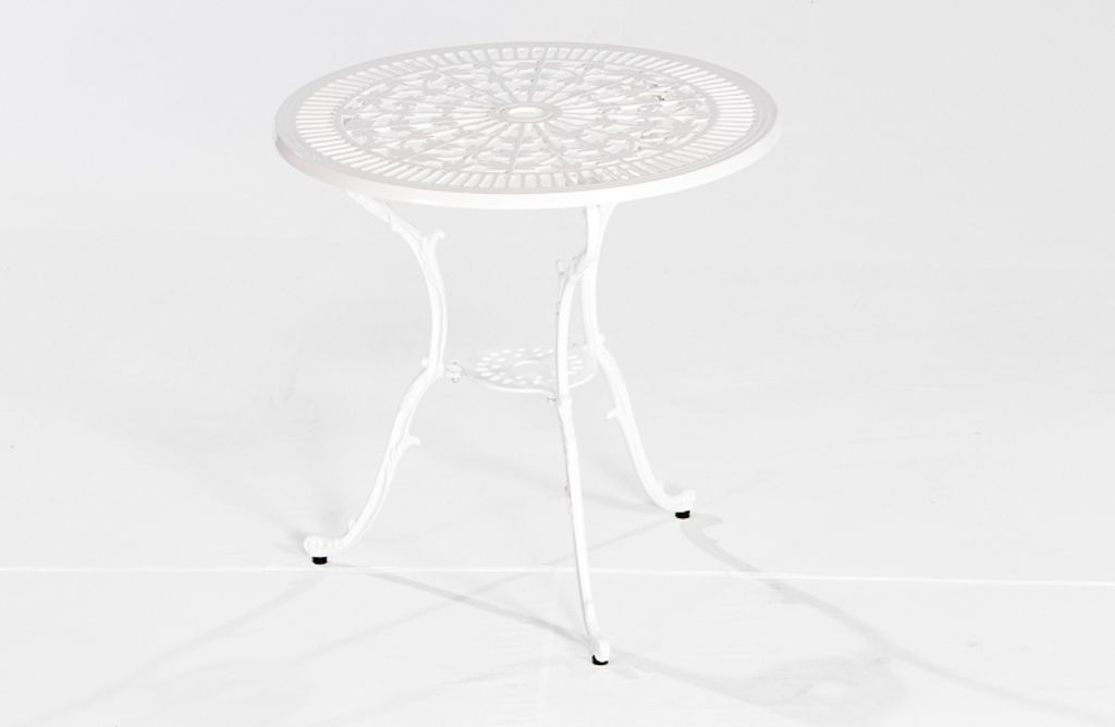 A white round table with a decorative top and three legs, set against a plain white background.