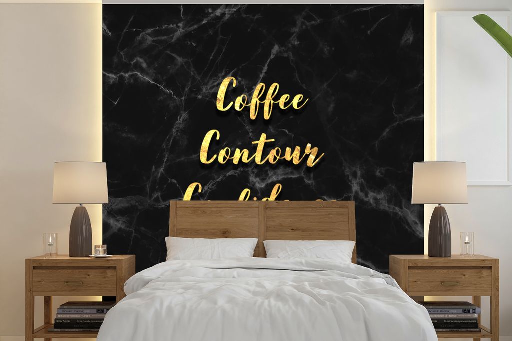 MuchoWow Fototapete für Wohnzimmer oder Schlafzimmer Wandtapete Vinyl Motivtapete Zitat - Kaffee - Gold - Marmor - 240x240 cm - Schlafzimmer-Tapete